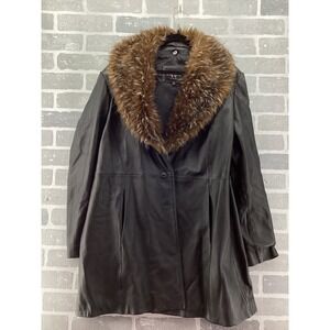 W New York by Winlit Black Genuine Leather Faux Fur Trim Coat Womens XL Jacket
